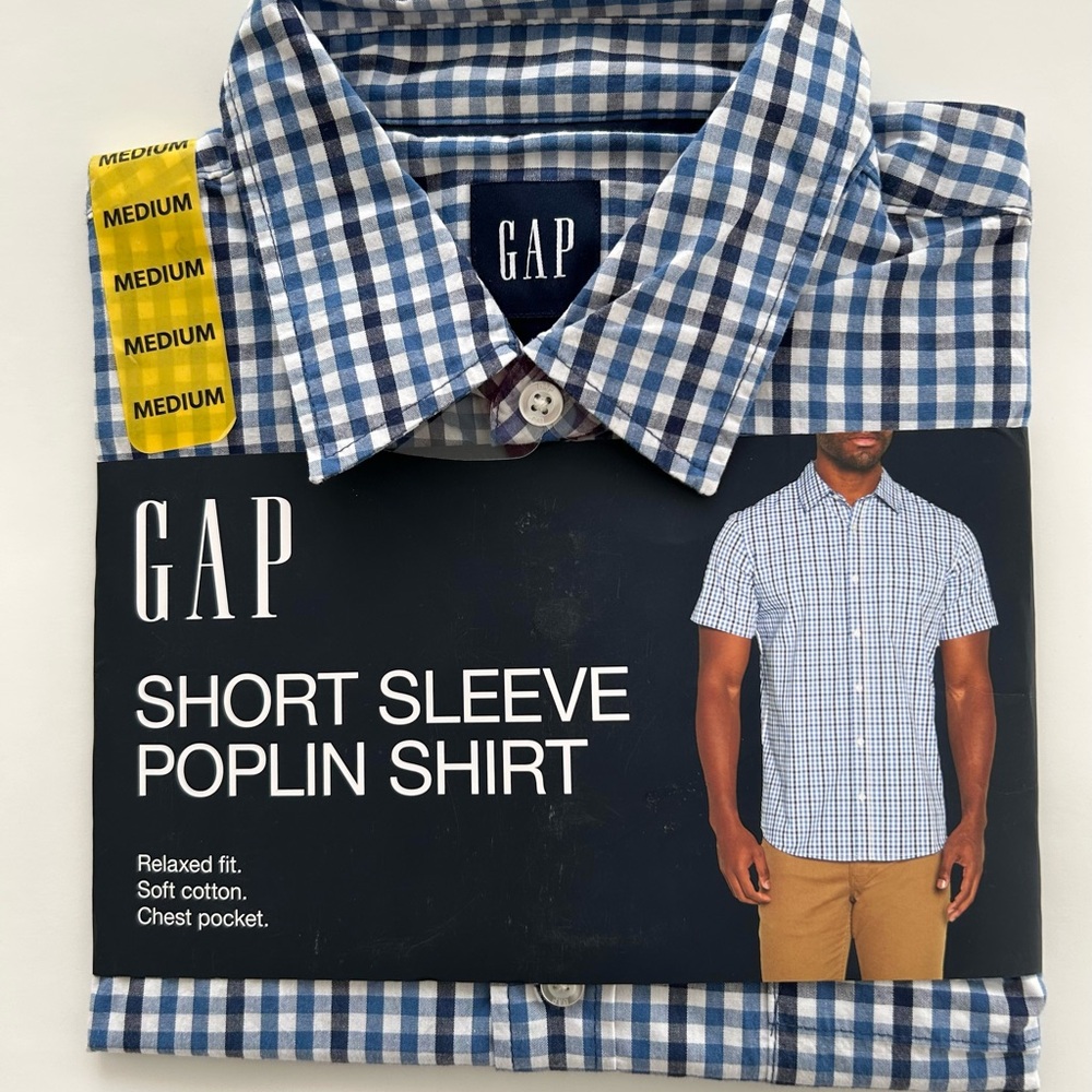 🆕 GAP Asher Plaid Burt Delf Relaxed Fit SS Poplin
Shirt With Stretch Mens Sz M